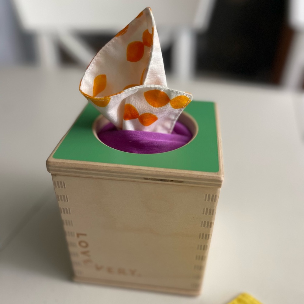 Lovevery Wooden Tissue Box with Colorful Scarves